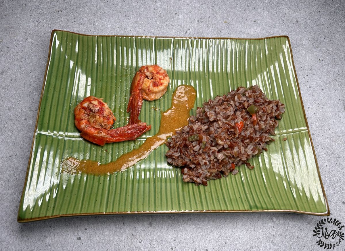 Gamberoni au riz rouge et sa sauce