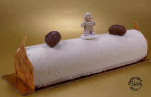 Bûche glacée vanille, marrons, pommes caramélisées et biscuit châtaignes